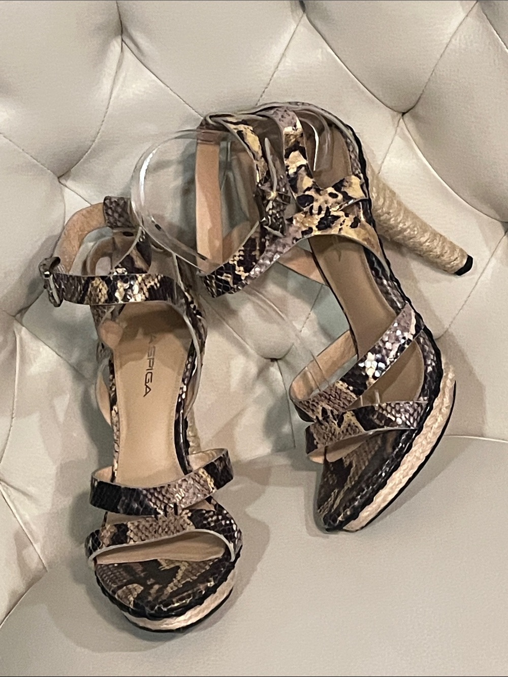 Via Spiga Snake-Print Brown Strappy High Heel Sandals Espadrille design Size 8